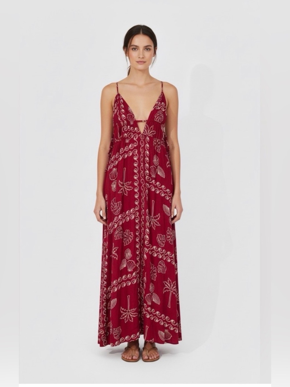 Anthropologie- Label of Love- Deep V Maxi Dress in Burgundy Coastal Print